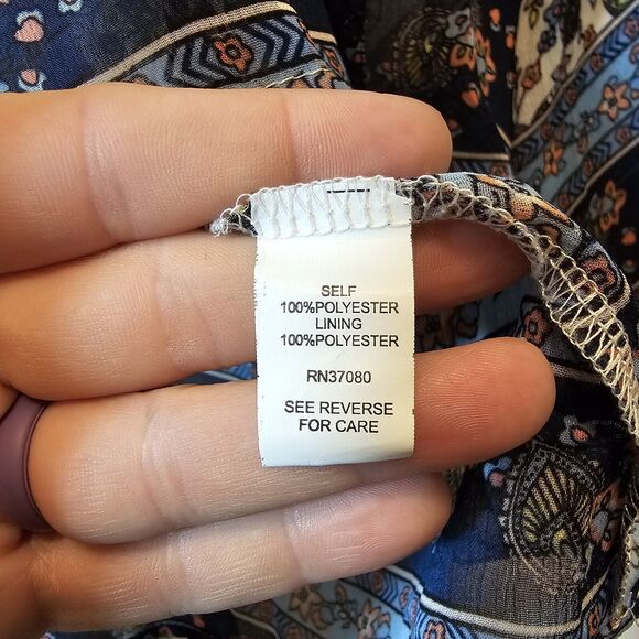 Hint of Mint Cream Blue Orange Floral Print Bell Sleeve Sheer Lace Insets XL - Picture 5 of 9